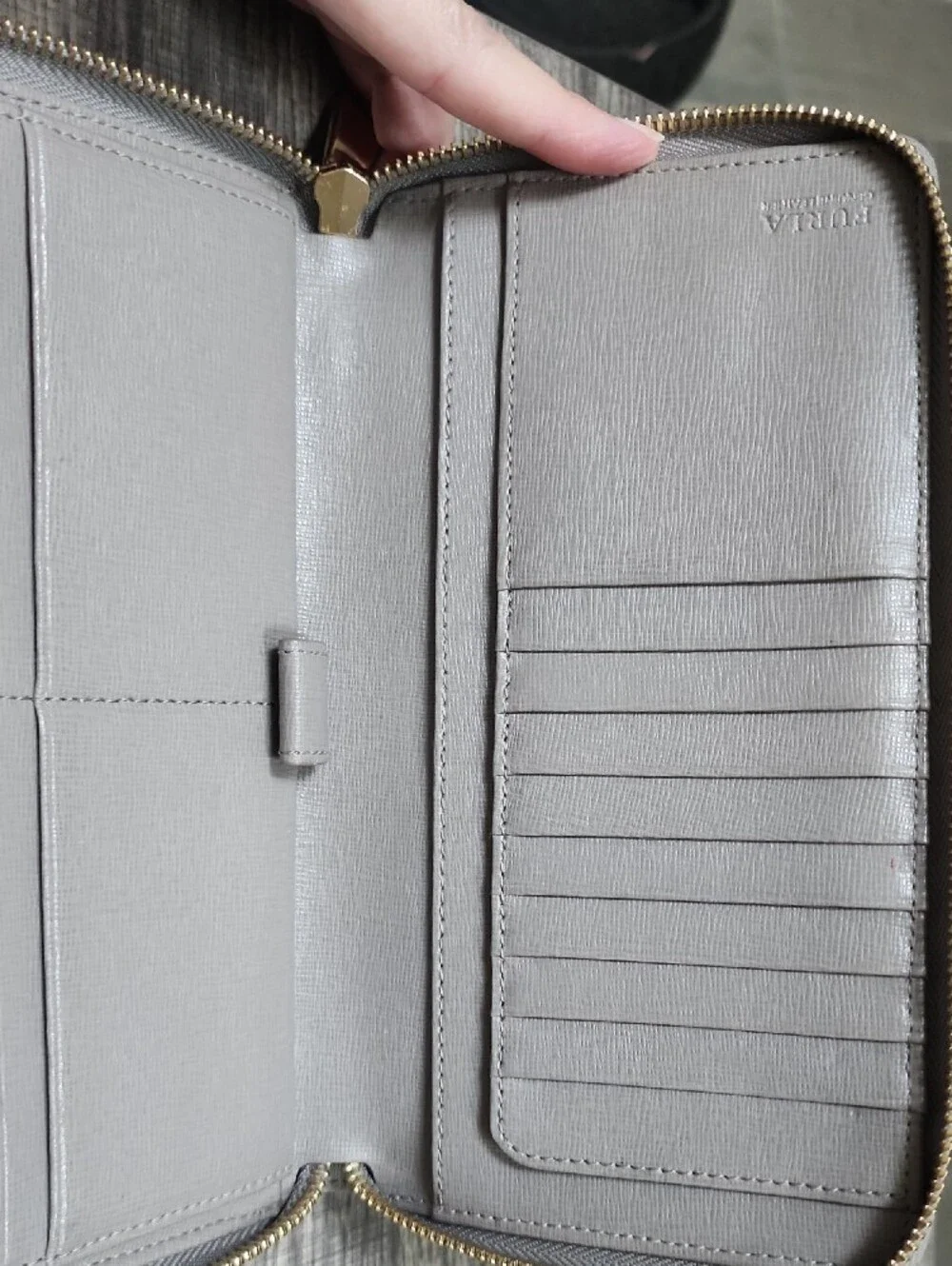 Furla Saffiano Zip Wallet in Pale Gray with Gold Hardware